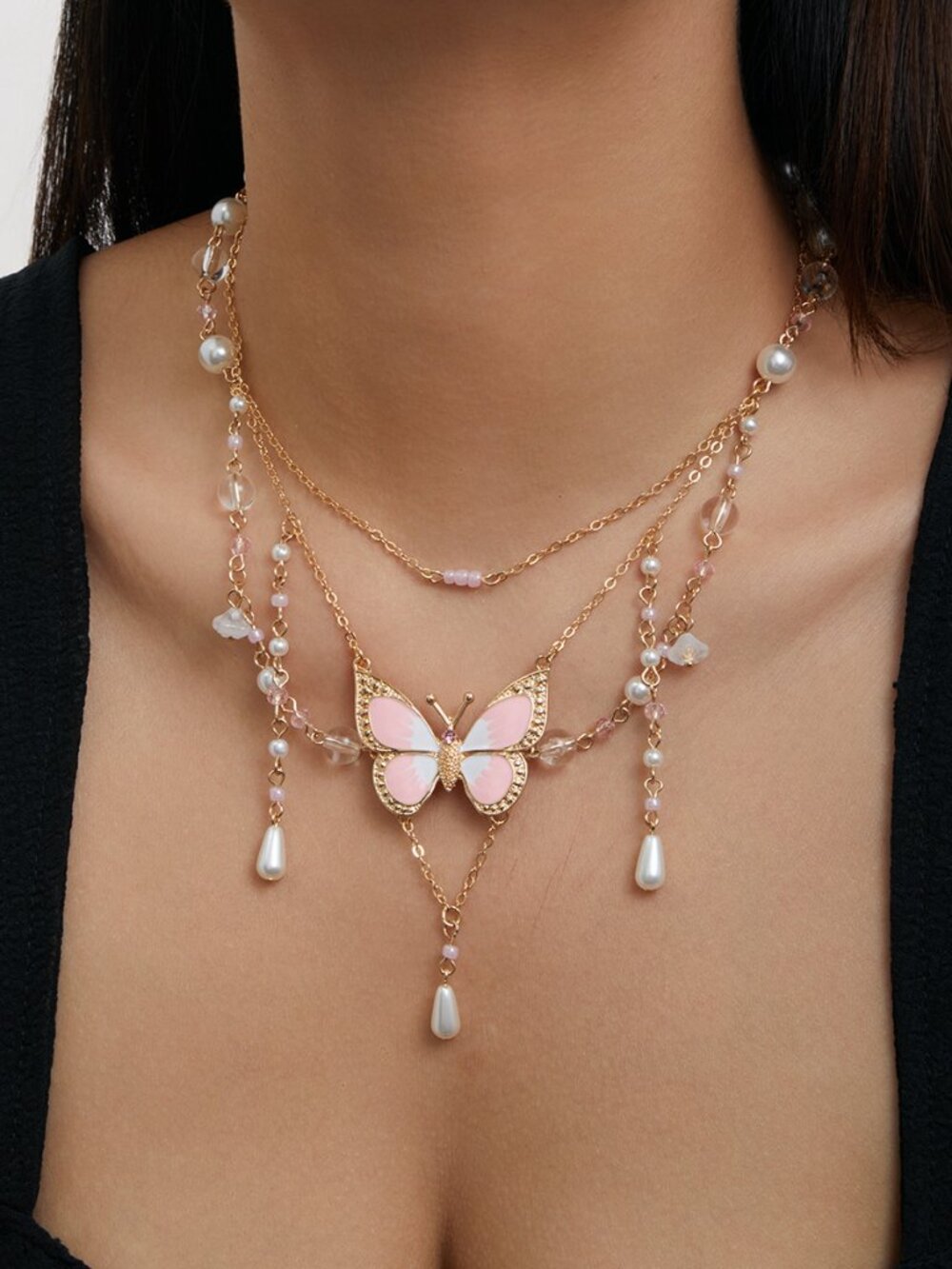 Pink White Ombre Butterfly Multi Layer Necklace Faux Pearl Pink Crystal Tassel